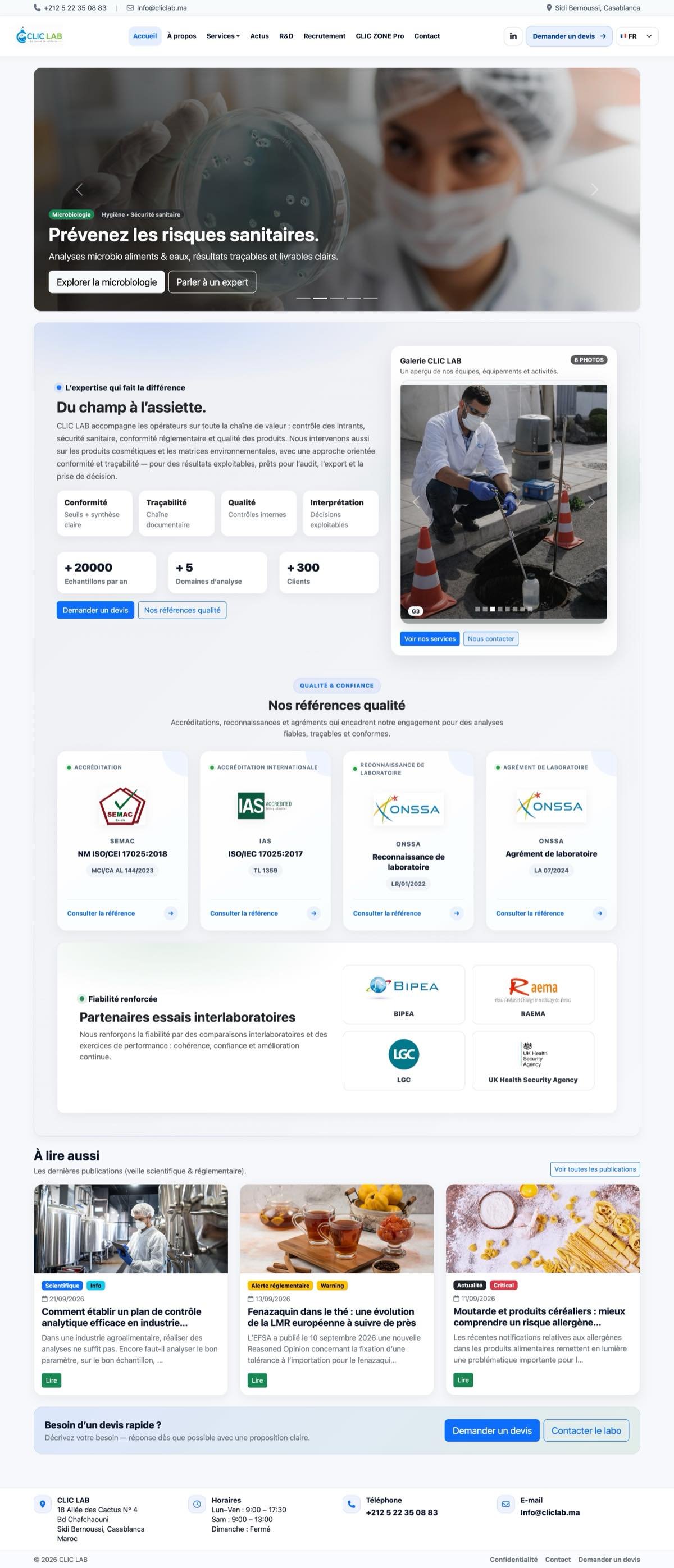 Page d'accueil complète du site Clic Lab réalisé par Uppect