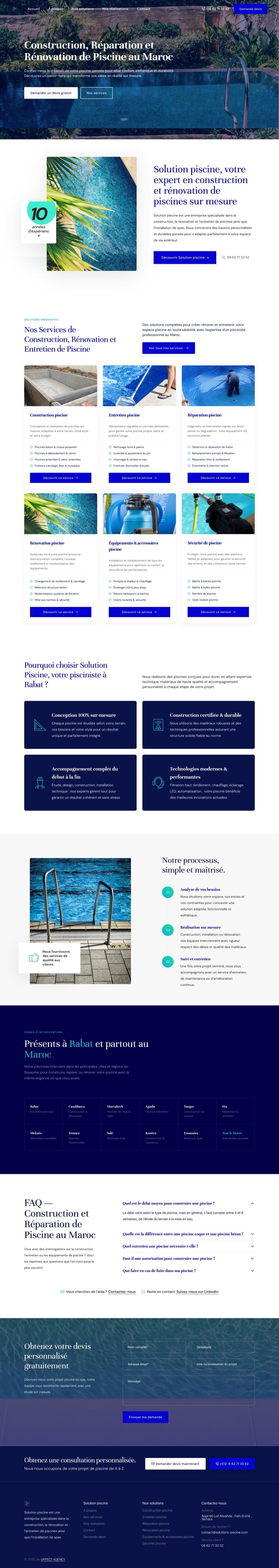 Page d'accueil complète du site Solutions Piscine réalisé par Uppect